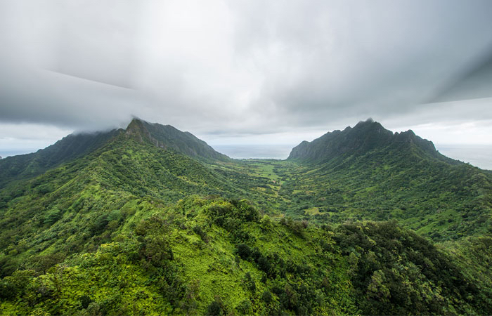 Lush mountains define the top Oahu